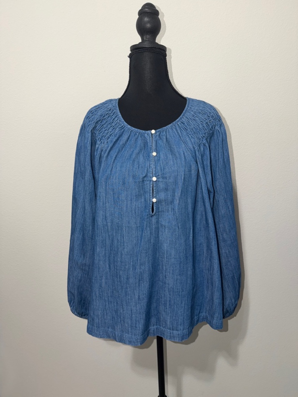 Old Navy Denim-Blue Smocked Yoke Button-Front Long Sleeve Top